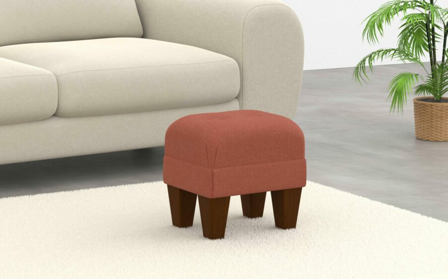 small button footstool in linen red orange fabric