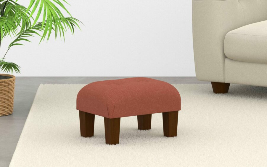 small button footstool in linen red orange fabric