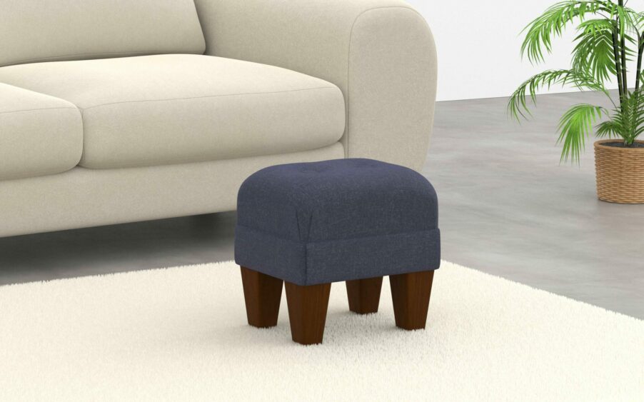 small button footstool in linen navy fabric