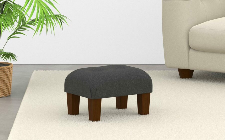 small button footstool in linen grey fabric
