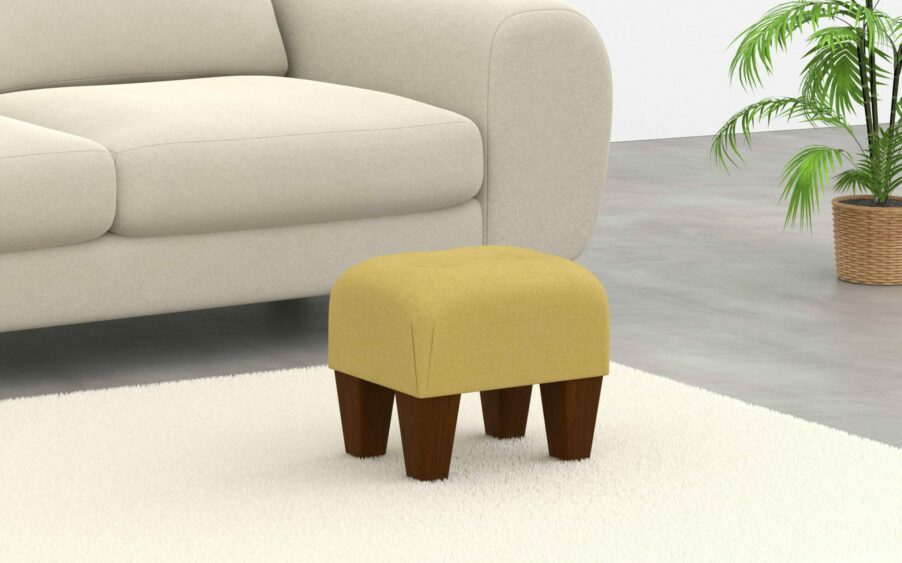 small mini upholstered button footstool with wood legs in yellow linen fabric