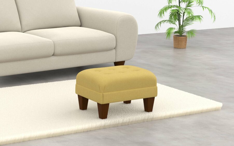 Rectangle button footstool with a border upholstered in yellow linen fabric with wood legs