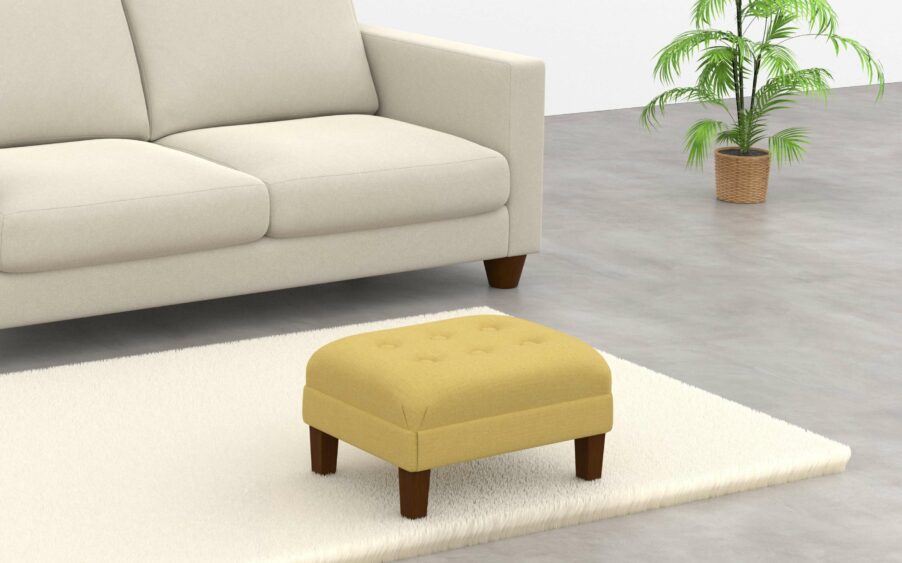 Rectangle button footstool with a border upholstered in yellow linen fabric with wood legs
