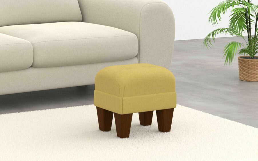 Small mini border button footstool deep in yellow linen fabric