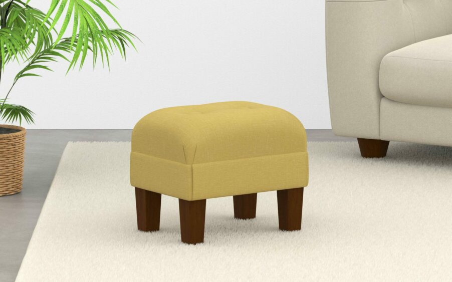 Small mini button footstool with border in yellow linen fabric