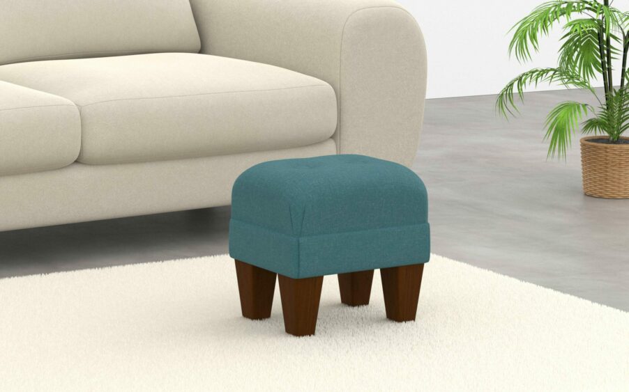 small button footstool in linen teal fabric