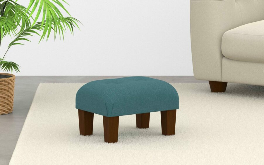 small button footstool in linen teal fabric