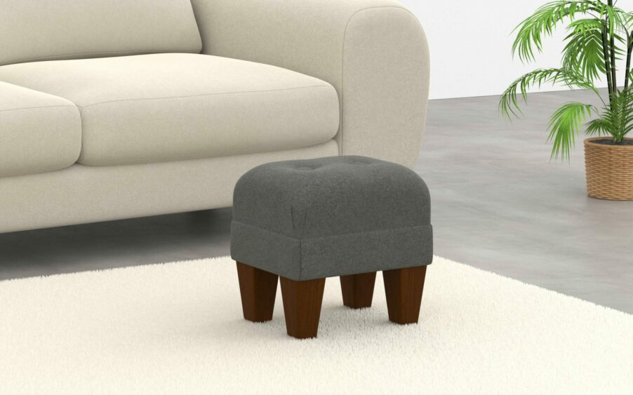 small button footstool in wool grey fabric