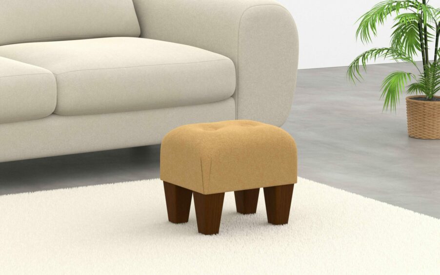 small mini upholstered button footstool with wood legs in yellow wool fabric