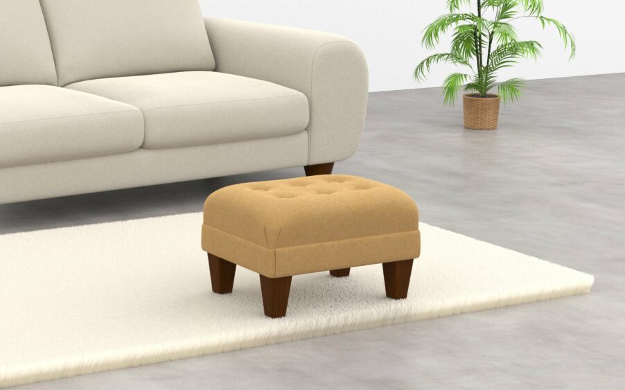 Rectangle button footstool with a border upholstered in yellow wool fabric with wood legs