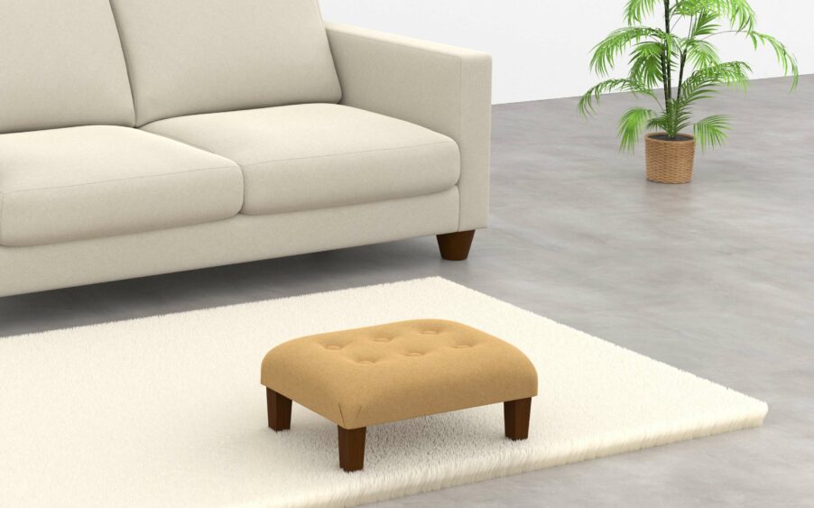 Low rectangle button footstool upholstered in yellow wool fabric with wood legs