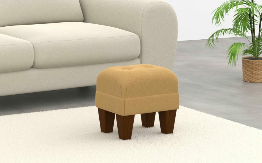 Small mini border button footstool deep in yellow wool fabric