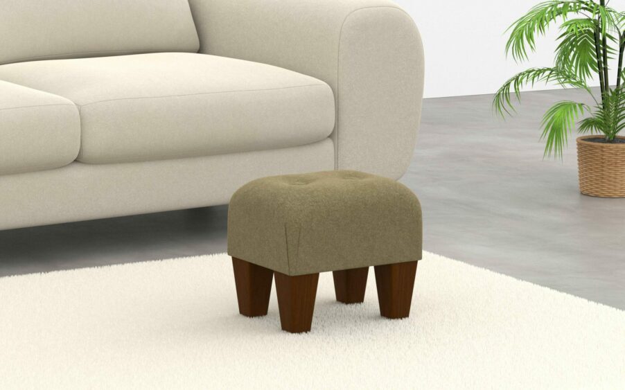 small button footstool in wool olive fabric
