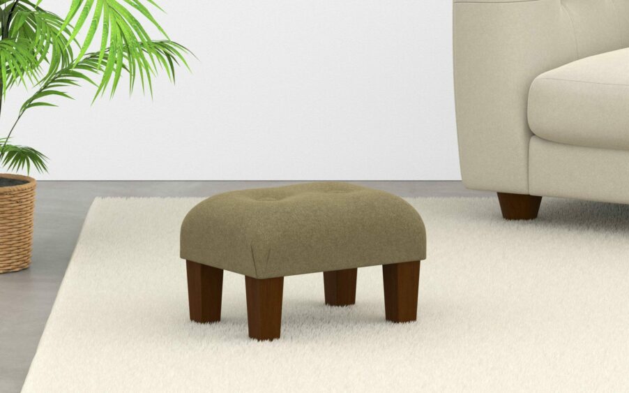 small button footstool in wool olive green fabric
