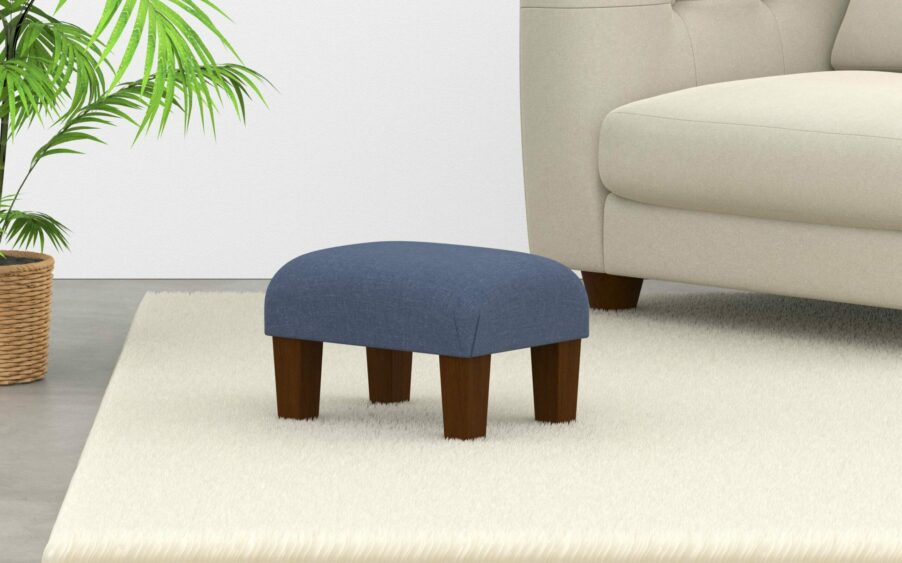 Small Footstool In Linen Blue Fabric