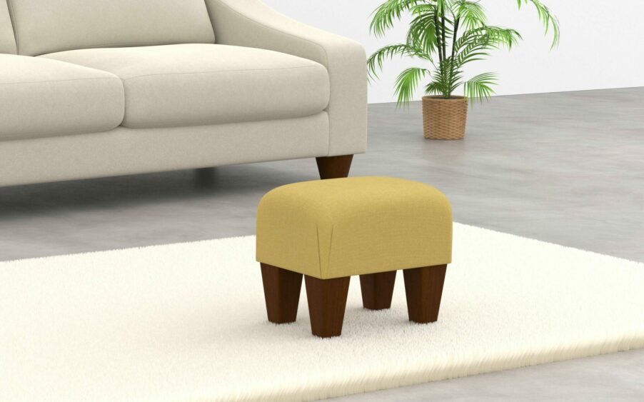 small mini upholstered footstool with wood legs in yellow linen fabric