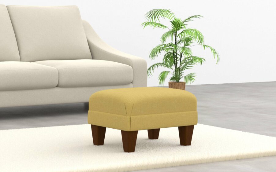 Rectangle footstool with a border upholstered in yellow linen fabric with wood legs