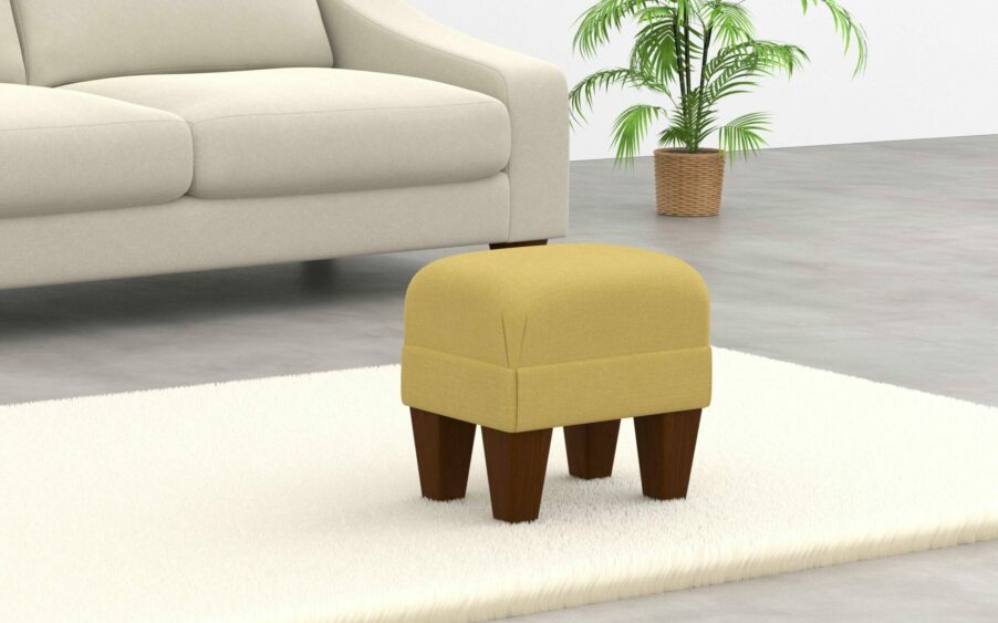 Small mini border footstool deep in yellow linen fabric