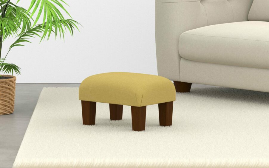 small low mini upholstered footstool in yellow linen fabric