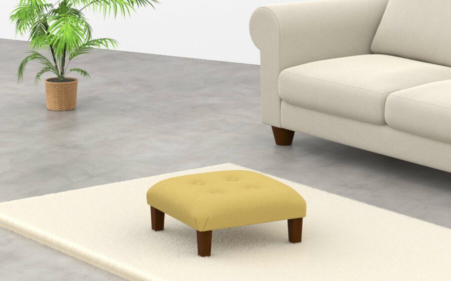 Small low square button footstool in yellow linen fabric