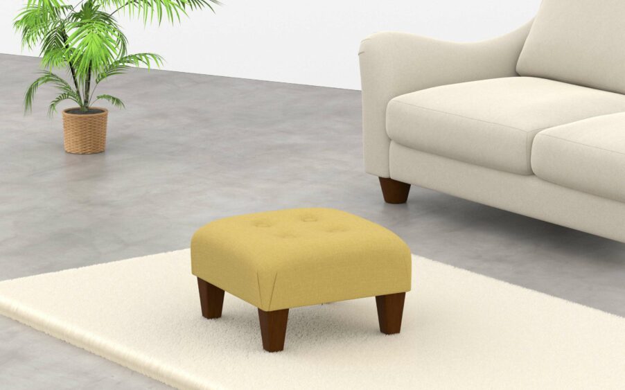 Square button footstool in yellow linen fabric