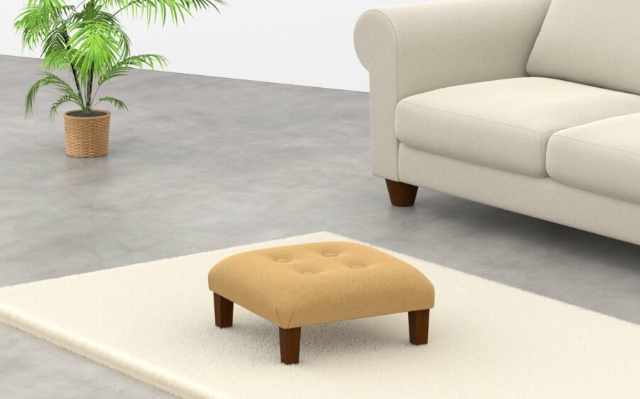 Small low square button footstool in yellow wool fabric