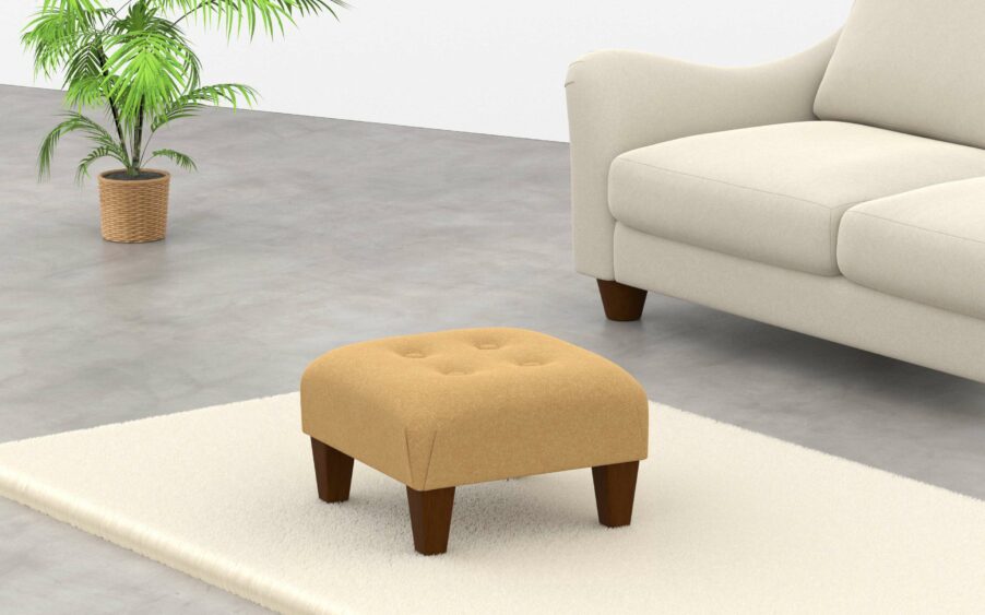 Square button footstool in yellow wool fabric