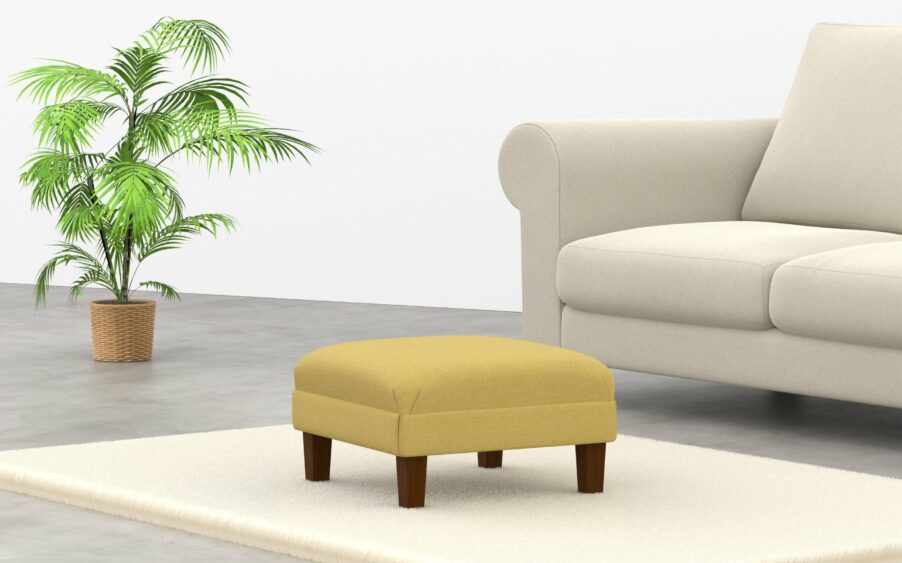 Square low footstool with border upholstered in yellow linen fabric