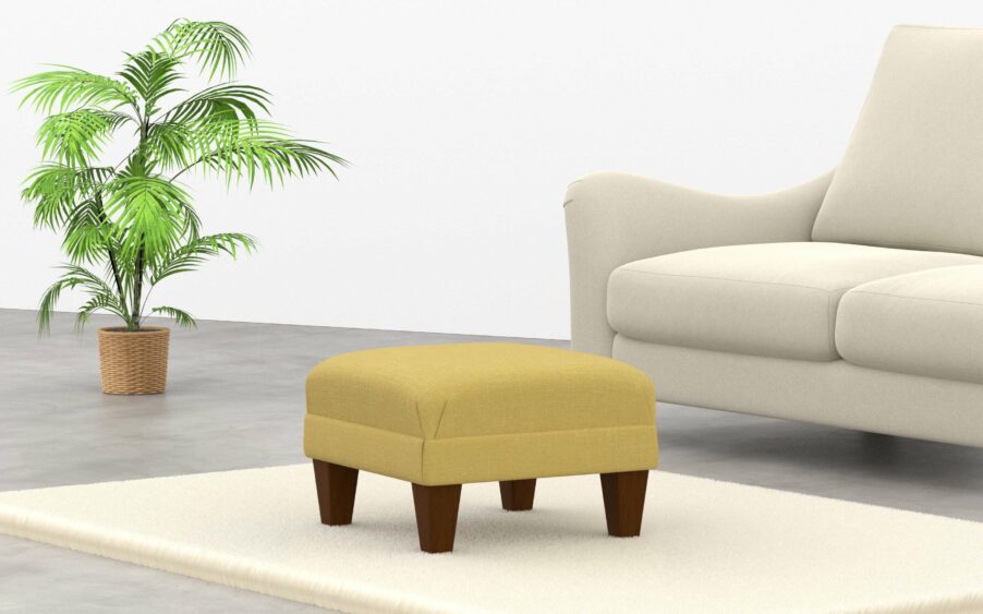 Square footstool with border upholstered in yellow linen fabric