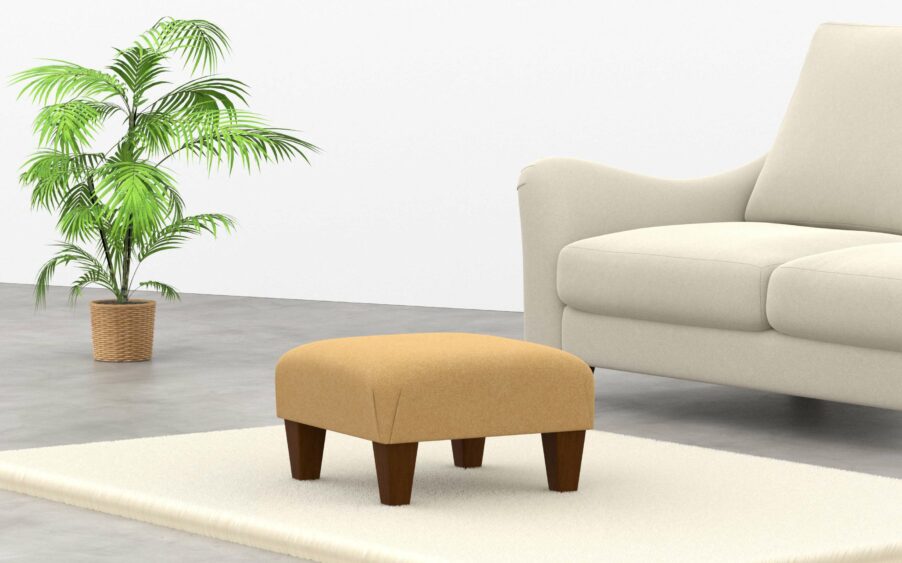Square low wrap over footstool upholstered in yellow wool fabric with wood legs