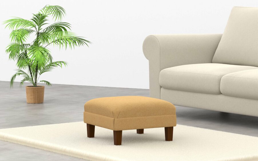 Square low footstool with border upholstered in yellow wool fabric