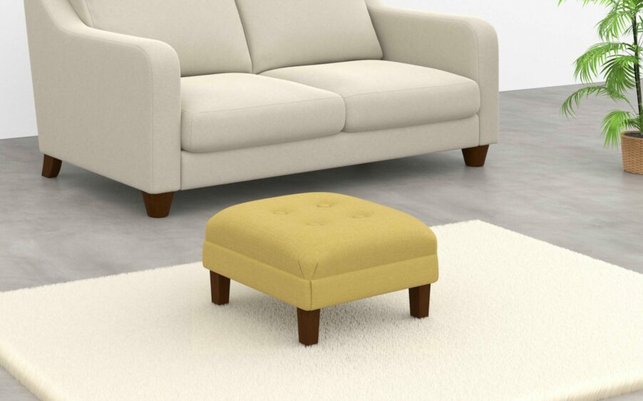 Small mini border shallow buttoned square footstool yellow linen fabric
