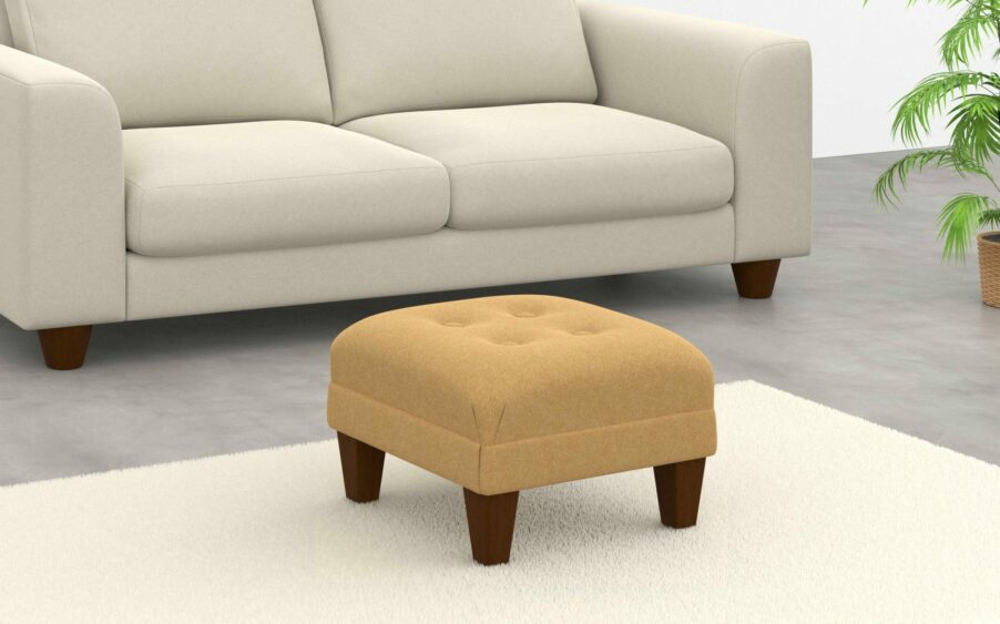 Small mini border button square footstool yellow wool fabric